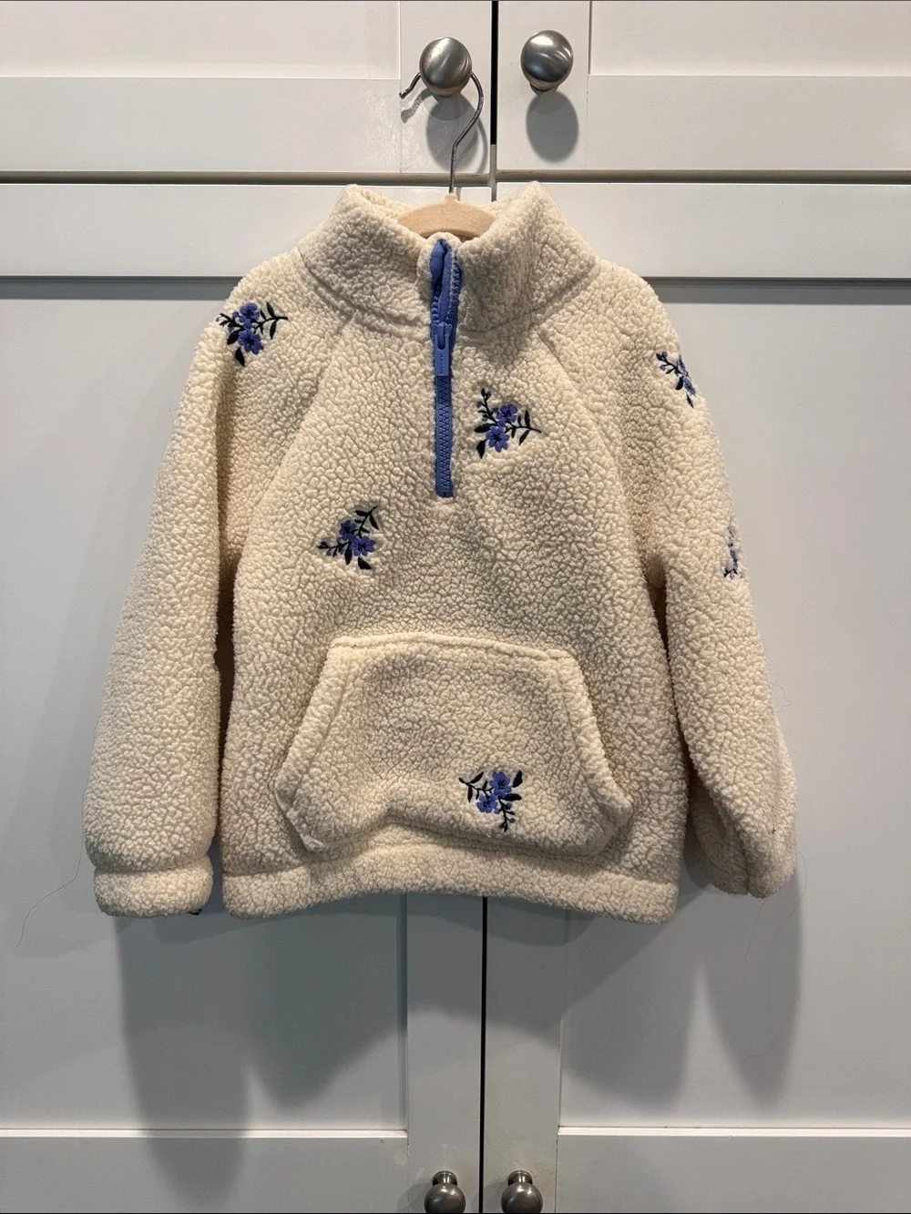 Girls Cream Sherpa Half-Zip Pullover with Blue Floral Embroidery